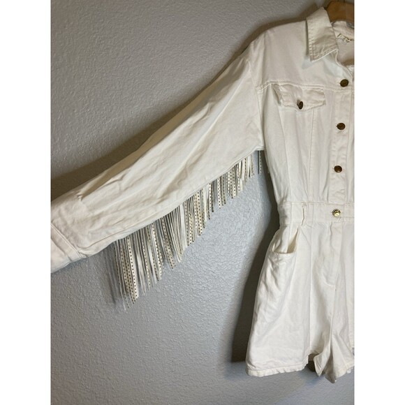 Rockabilly Gold Studded Fringe Western Denim Short Romper M Off White Boho - Picture 13 of 14